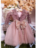 Long Sleeve Cocoa Lace Tulle Beaded Flower Girl Dress